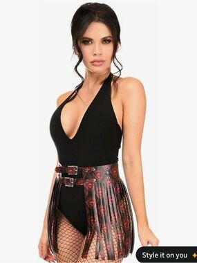 Daisy Corsets Goth Black & Red Skull Pattern on Fringe Corset Belt   6XL   NWT